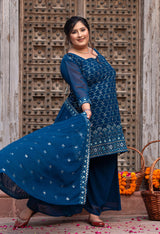Plus Size Glorious Teal Embroidered Sharara Set with Dupatta