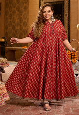 Plus Size Bright Maroon Pure Cotton Jaipuri Anarkali with Dupatta