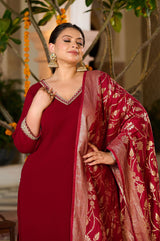 Plus Size Crimson Charm Festive Suit with Golden Accents