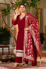 Plus Size Crimson Charm Festive Suit with Golden Accents