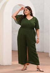 Plus Size Green Georgette Self Jumpsuit