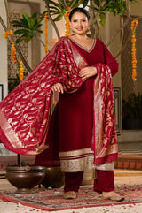 Plus Size Crimson Charm Festive Suit with Golden Accents