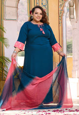 Plus Size Teal Blue Siroski Rayon Kurta Set with Double Dyed Dupatta