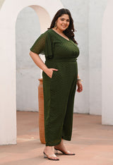 Plus Size Green Georgette Self Jumpsuit