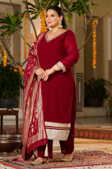 Plus Size Crimson Charm Festive Suit with Golden Accents