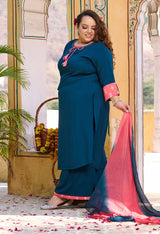Plus Size Teal Blue Siroski Rayon Kurta Set with Double Dyed Dupatta