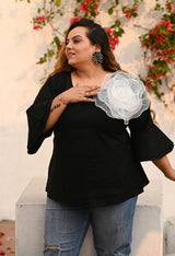 Plus Size Black Statement Flower Top with Flared Sleeves