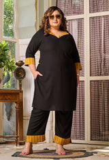 Plus Size Fresh Black Mustard Patchwork Kurta Set