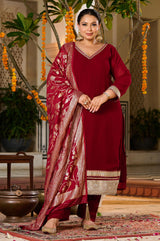 Plus Size Crimson Charm Festive Suit with Golden Accents