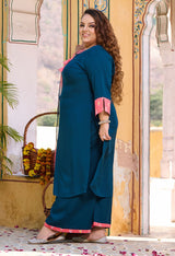 Plus Size Teal Blue Siroski Rayon Kurta Set with Double Dyed Dupatta