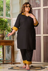 Plus Size Fresh Black Mustard Patchwork Kurta Set