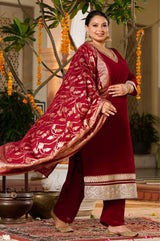 Plus Size Crimson Charm Festive Suit with Golden Accents