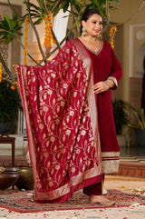 Plus Size Crimson Charm Festive Suit with Golden Accents