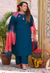 Plus Size Teal Blue Siroski Rayon Kurta Set with Double Dyed Dupatta