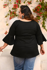 Plus Size Black Statement Flower Top with Flared Sleeves