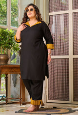 Plus Size Fresh Black Mustard Patchwork Kurta Set