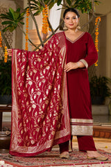 Plus Size Crimson Charm Festive Suit with Golden Accents