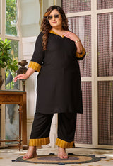 Plus Size Fresh Black Mustard Patchwork Kurta Set