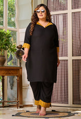 Plus Size Fresh Black Mustard Patchwork Kurta Set