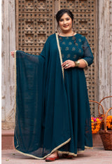 Plus Size Azure Teal Anarkali Kurta with Dupatta