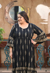 Plus Size Black Gold Printed Flared Sleeves Rayon Dress