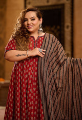 Plus Size Bright Maroon Pure Cotton Jaipuri Anarkali with Dupatta
