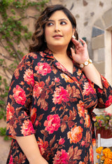 Plus Size Black Floral Pure Chinon Wrap Co-ord Set