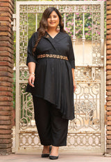 Plus Size Crystal Black Embellished Co-Ord Set with Belt