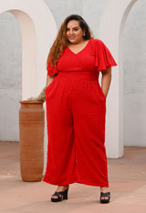 Plus Size Red Georgette Self Jumpsuit