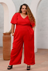 Plus Size Red Georgette Self Jumpsuit