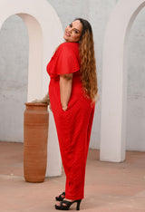Plus Size Red Georgette Self Jumpsuit