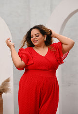 Plus Size Red Georgette Self Jumpsuit