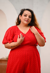 Plus Size Red Georgette Self Jumpsuit