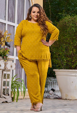 Plus Size Mustard Self Pom Pom Rayon Co-ord Set
