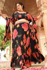 Plus Size Black Floral Pure Chinon Lehenga Choli with Dupatta