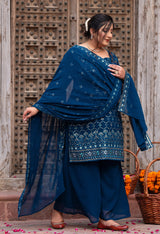 Plus Size Glorious Teal Embroidered Sharara Set with Dupatta