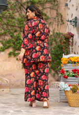 Plus Size Black Floral Pure Chinon Wrap Co-ord Set