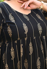 Plus Size Black Gold Printed Flared Sleeves Rayon Dress