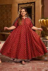 Plus Size Bright Maroon Pure Cotton Jaipuri Anarkali with Dupatta