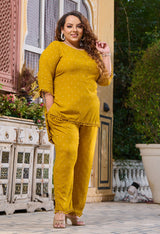 Plus Size Mustard Self Pom Pom Rayon Co-ord Set