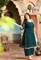 Plus Size Terrific Pearl Teal Kurta Palazzo Set with Bandhej Dupatta