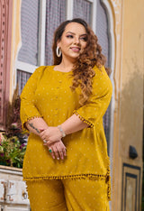 Plus Size Mustard Self Pom Pom Rayon Co-ord Set