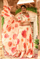 Plus Size White Floral Pure Chinon Lehenga Choli with Dupatta