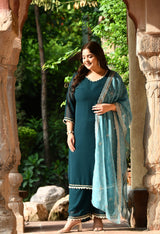 Plus Size Terrific Pearl Teal Kurta Palazzo Set with Bandhej Dupatta