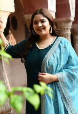 Plus Size Terrific Pearl Teal Kurta Palazzo Set with Bandhej Dupatta