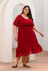 Plus Size Flattering Maroon Smocked Waist Midi Dress