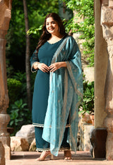Plus Size Terrific Pearl Teal Kurta Palazzo Set with Bandhej Dupatta