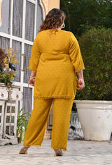 Plus Size Mustard Self Pom Pom Rayon Co-ord Set
