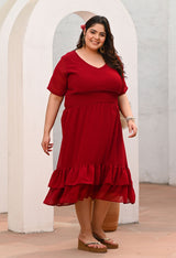 Plus Size Flattering Maroon Smocked Waist Midi Dress