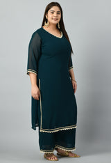 Plus Size Terrific Pearl Teal Kurta Palazzo Set with Bandhej Dupatta